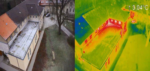 Vergleich einer Drohnenaufnahme und einer Thermografieaufnahme eines Gebäudekomplexes mit Temperaturanzeige 3,04 Grad Celsius.