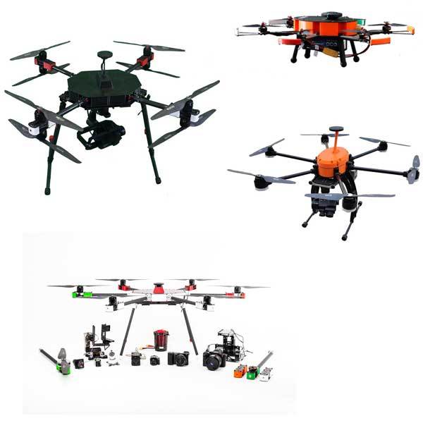 Verschiedene Drohnenmodelle mit Kameras und Zubehör für den Drohnenbau, dargestellt vor weißem Hintergrund.