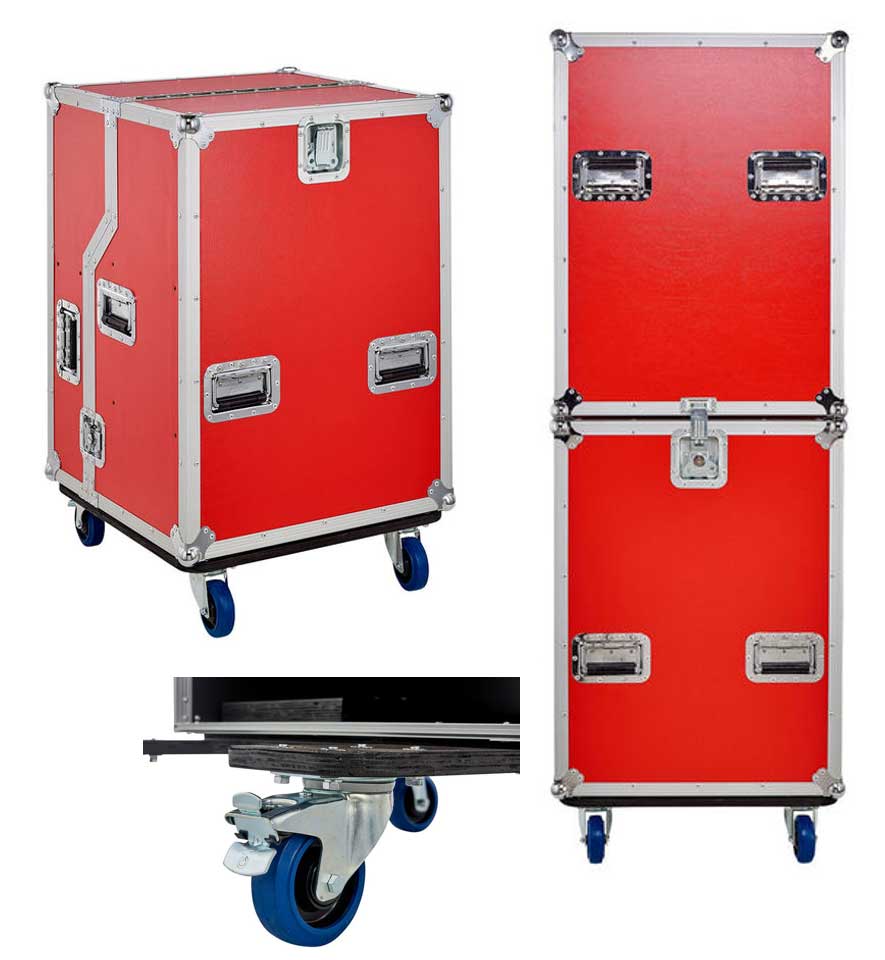 Rote AllinOne Kiste mit Rollen und robustem Verschlusssystem für mobilen Drohneneinsatz aus verschiedenen Perspektiven