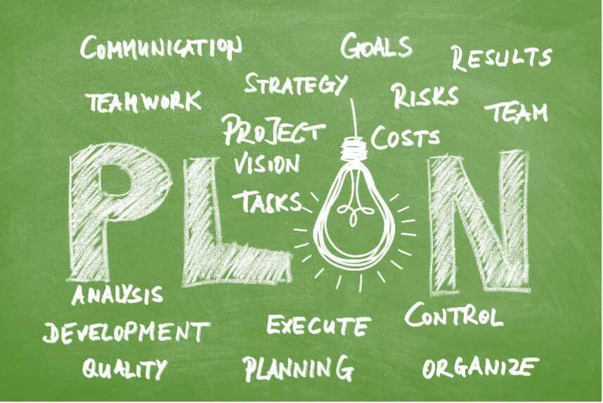 Green chalkboard with large word PLAN and a light bulb, surrounded by words like Strategy, Teamwork, Risks, Costs, Analysis, Development, Execution, Organize, and Control.