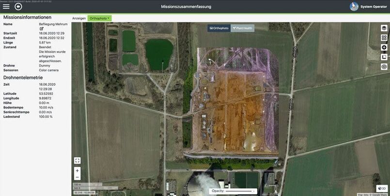 Drone control station displays orthophoto of a recorded mission area in mission overview
