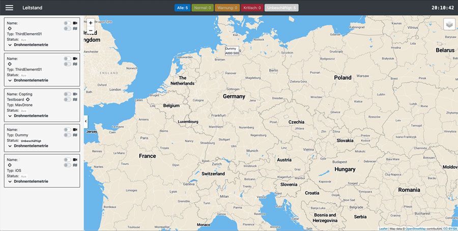 Control center overview with telemetry data of multiple drones across Europe for coordination of agricultural missions